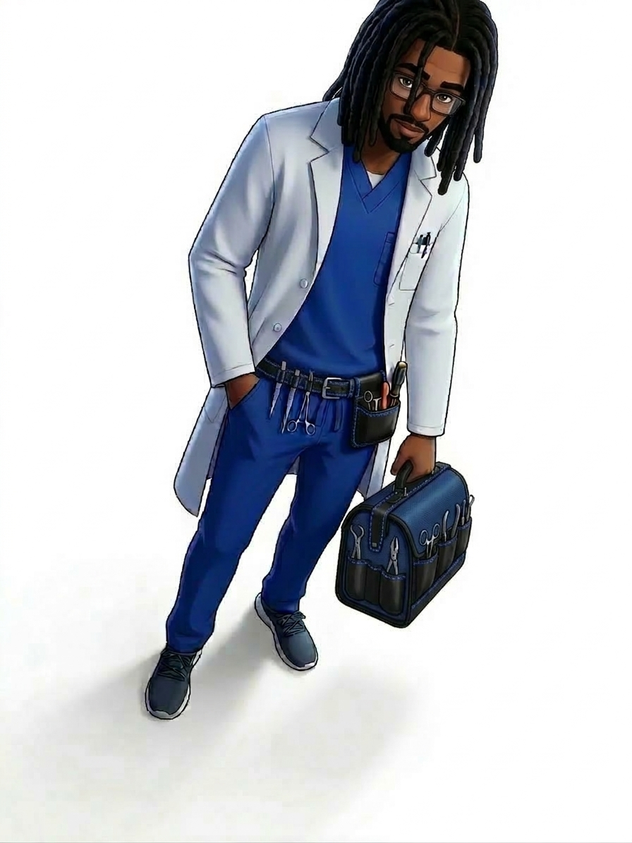 Dr. Assemble lead technician in lab coat and tool belt